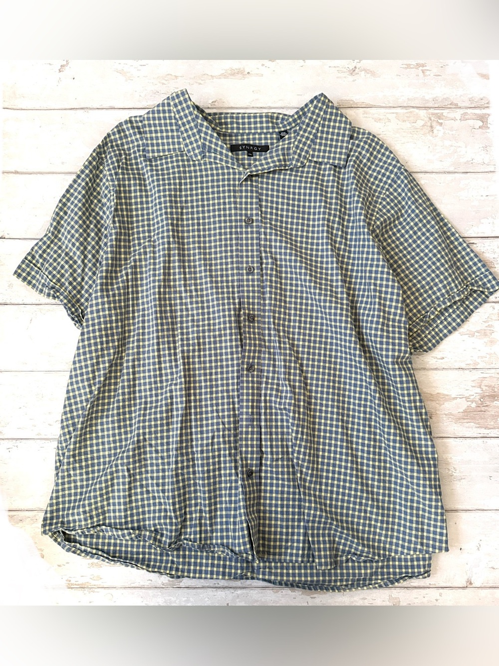 Synrgy 2XL Men’s Short Sleeve Plaid Button Up Shirt Blue Checker XXL XX Large